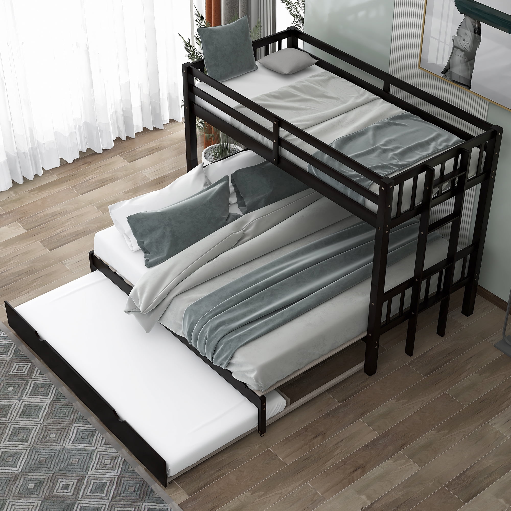 Euroco Wood Twin over Twin Bunk Bed with Trundle for Kids Teens Room, Espresso