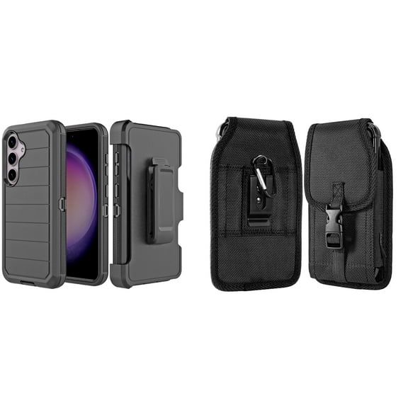 Heavy Duty Cover Bundle for Samsung Galaxy S24 Case with Belt Clip Holster, Glass Screen Protector, Carrying Pouch - Black