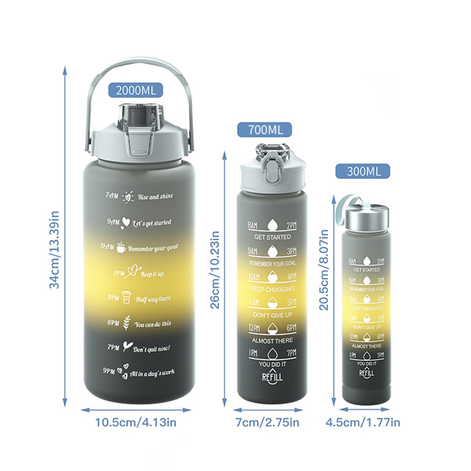 OIUR 3Pcs Silicone Straw Water Bottles Leakproof BPA Free Gradient Design 9/25/64oz Reusable Water Bottle with Time Markers for Gym Hiking