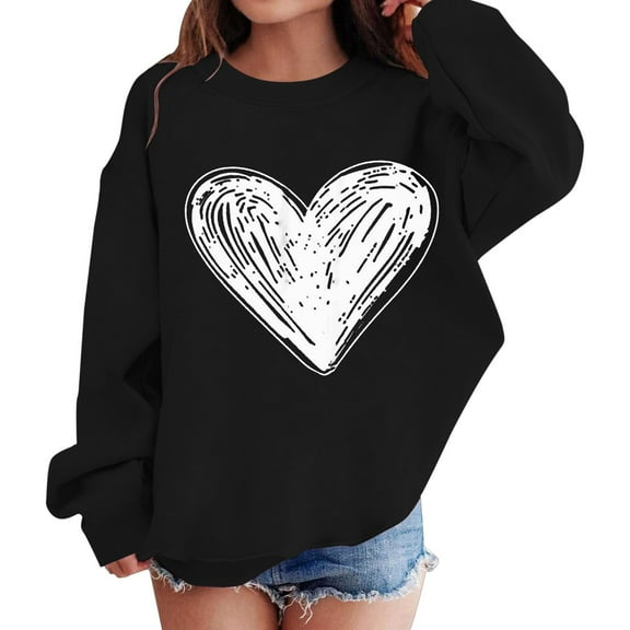 KAUOD Teen Girls Oversized Pullover Sweatshirts Cute Heart Graphic Crew Neck Sweatshirts Kids Cotton Loose Long Sleeve Sweater