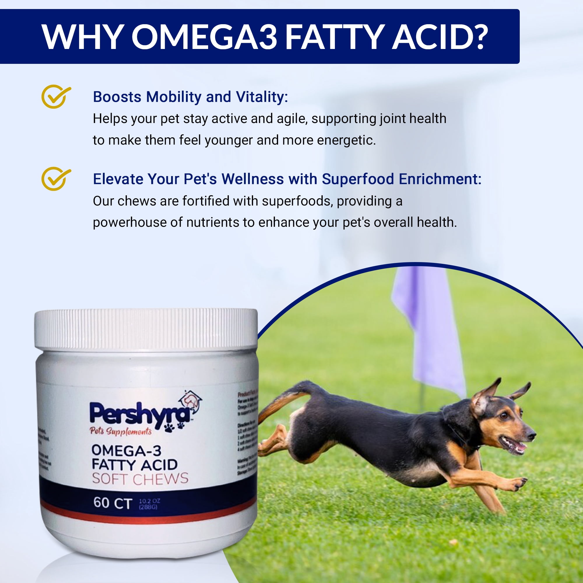 Pershyra Omega 3 Chews for Dogs & Cats - Pet Treats for Skin & Hair - 60 Count