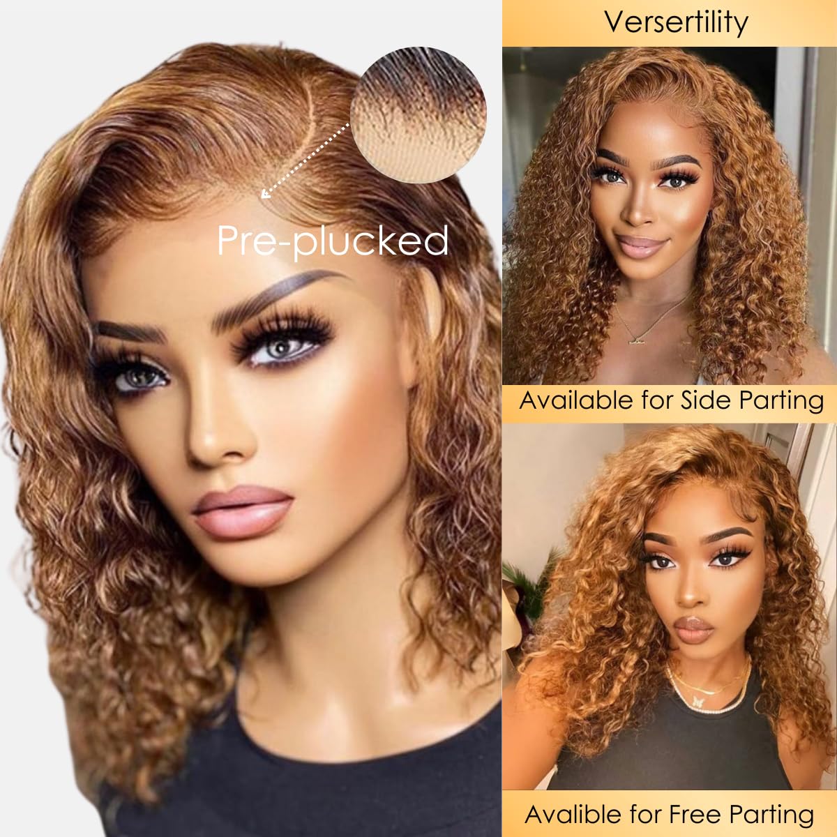 Dopi Short Curly Honey Blonde Bob Wig Lace Front Human Hair Wigs For Women Light Brown(2Pack)