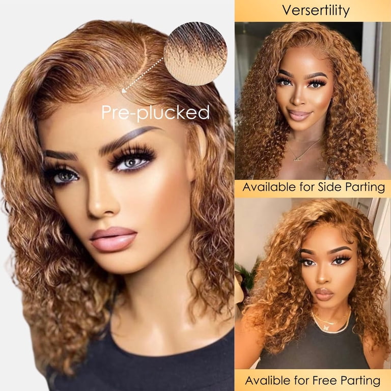 Dopi Short Curly Honey Blonde Bob Wig Lace Front Human Hair  display picture 3
