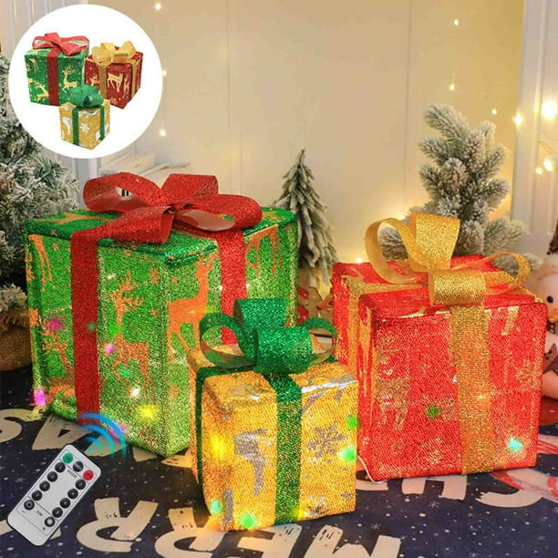 Adornos navideños, cajas navideñas iluminadas con control remoto, juego de 3 luces LED para decoración de exteriores, cajas navideñas para exteriores, cajas decorativas para exteriores.