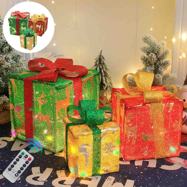 Xihbxyly Cajas de Regalo Navideñas Iluminadas, Decoración Led, Control Remoto Incluido, Juego de 3 Piezas, Decoración Multicolor para Exteriores, Alegría Navideña, Hogar o Jardín, Tamaños de 15,5 a 2
