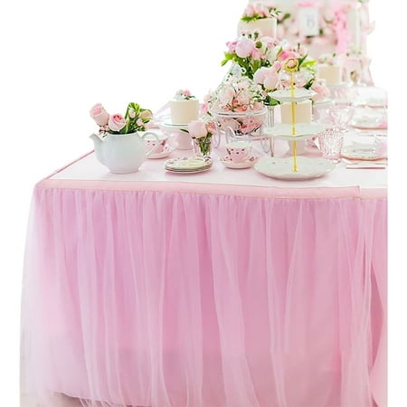 

Solid Color Satin Table Skirt With Yarn Easy To Install Tulle Table Skirt romantic Table Skirt For Wedding Birthday Halloween Christmas Banquet -Pink-2.75x0.77m
