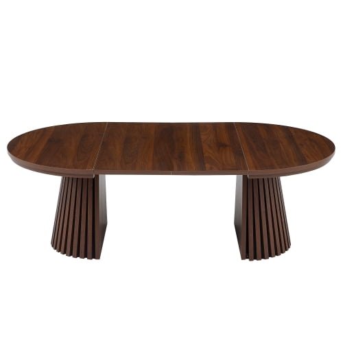 Modern Oval Extendable Wood Coffee Table, Slatted Legs, Multi-Functional Center Table for Living Room or Office, 31.5"–55.12" L, Walnut