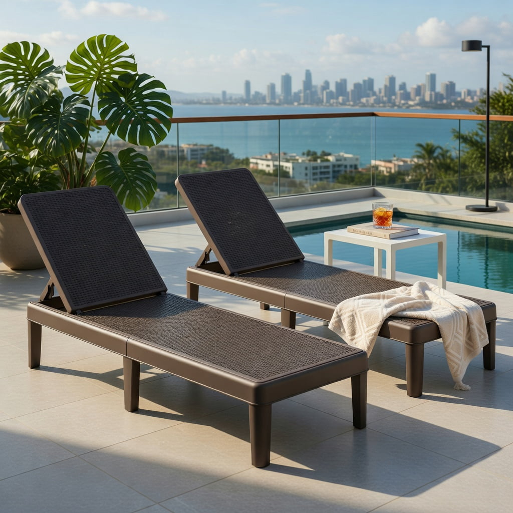 Hommoo Outdoor Chaise Lounge Chair, Adjustable 4-Position Reclining Patio Lounger with Waterproof Faux Rattan PP Surface, Brown