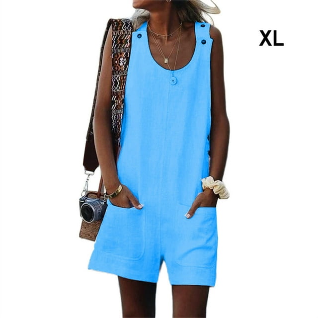 Combinaison d'Été Sans Manches à Col Rond pour Femme, Design Simple, Couleur Unie, Poches avant, Bleu TG