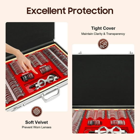 266PCS 22.44*14.17*3.74in Silver Red Optical Optometry Trial Lens Set Metal Rim Aluminum Case Aluminum Box