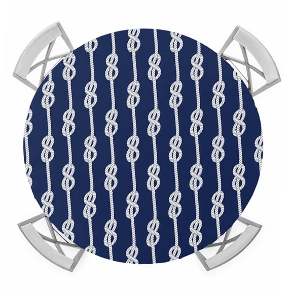 Navy Blue Knot Round Tablecloth for 36-44 Inch Tables, Fitted Table Cover with Elastic Edge, Nautical Striped Monochrome Ocean Waterproof Outdoor Table Cloth Protector for Patio Garden Dinner Picnic