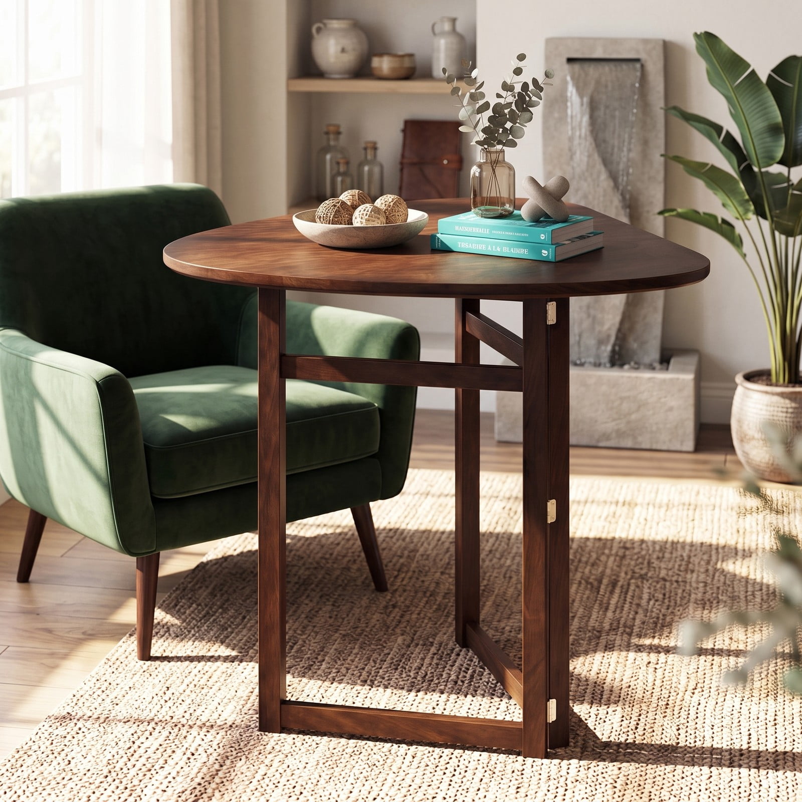 Furnibear Foldable Dining Table for 2, 31.5 Inch Triangular Small Kitchen Table, Space Saving Rubber Wood Folding Dinner Table for Apartment Breakfast Nook, Walnut