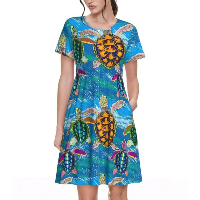 Disketp Little Sea Turtles para Vestido de Manga Corta para Mujeres, Vestidos de Verano para Mujeres, Casual y Holgado para la Playa