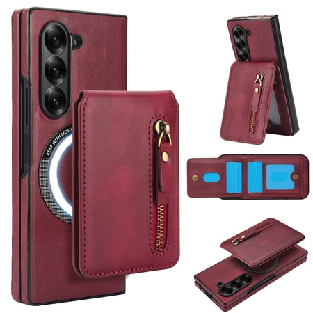 Detachable Strong Magnetic Case for Samsung Galaxy Z Fold 5 2-in-1 Zipper Card Slots Wallet Multi-view Kickstand PU Leather Phone Cover - Compatible with MagSafe Wireless Chargers Winered
