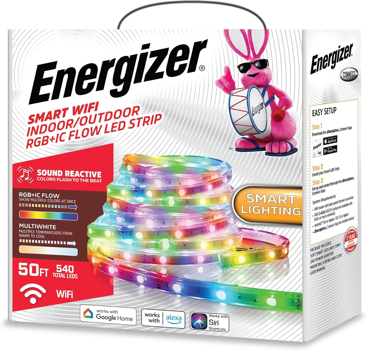 Energizer Smart LED Strip Lights, Waterproof & Sound Reactive Light Strips for Indoor/Outdoor, 50 ft