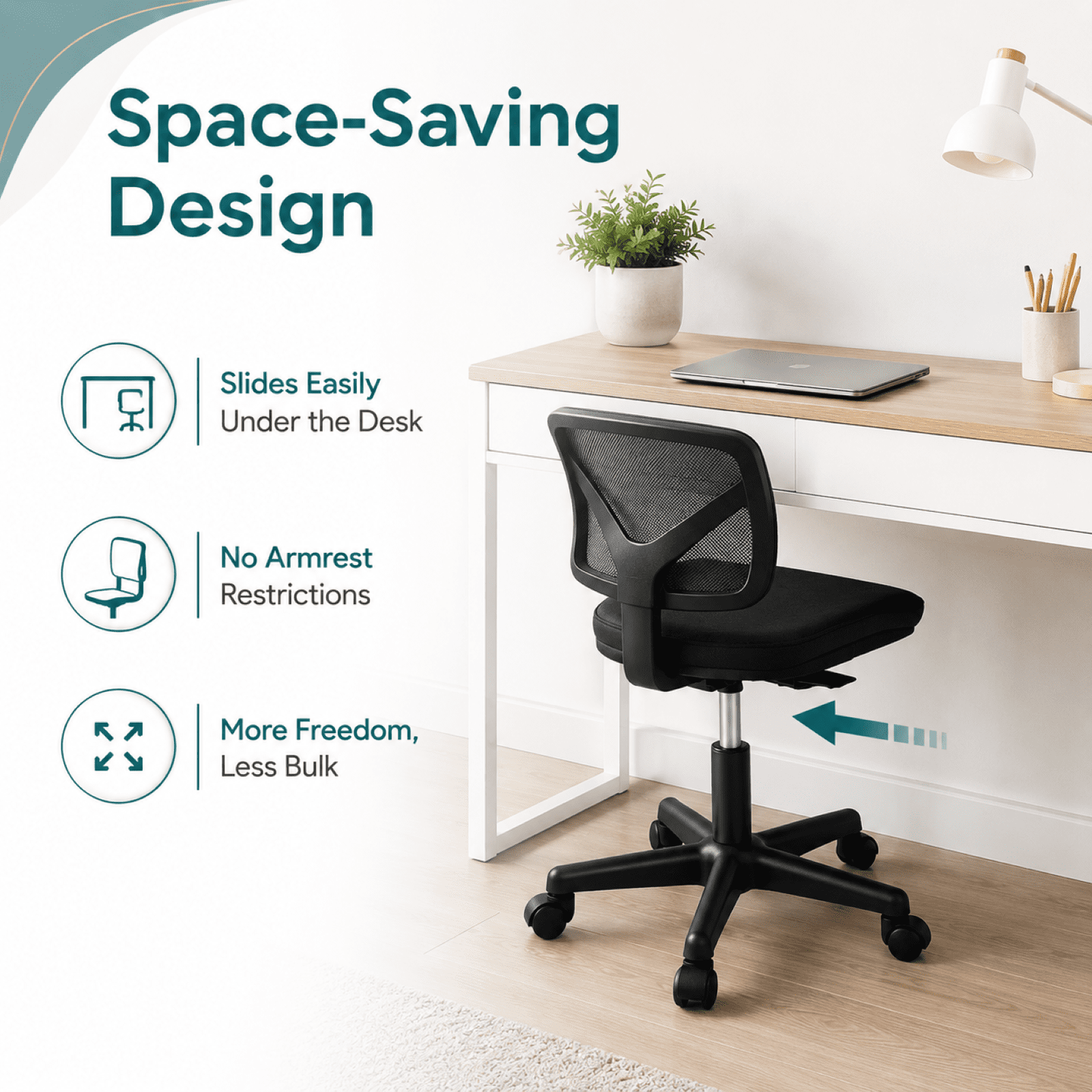 Kelno Small Desk Chair with Wheels Adjustable Computer Desk Chair with Lumbar Support Mesh Ergonomic Low-Back Office Chair, Black