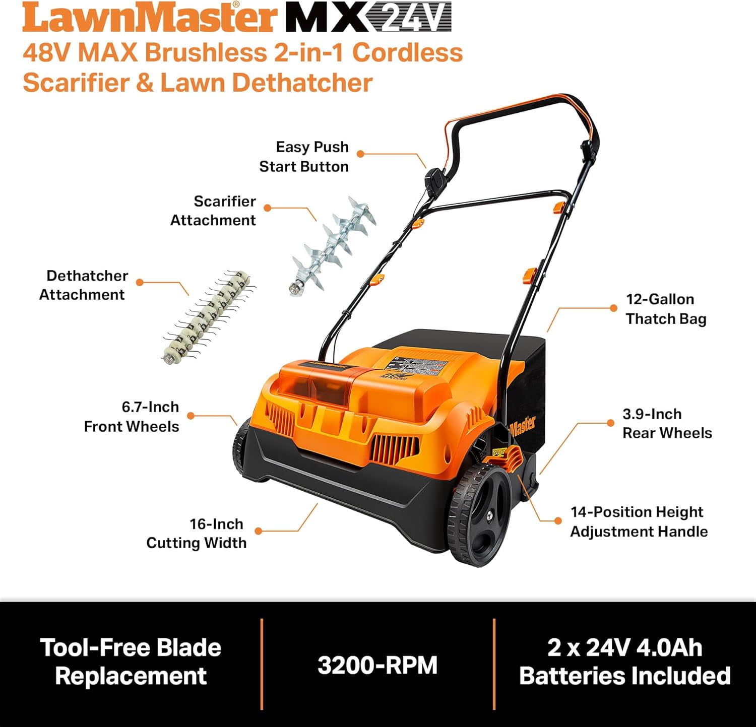 LawnMaster 48V MAX Brushless 16” Cordless Scarifier & Dethatcher with Removable Thatch Collection Bag Quick-Fold – CLGVB4816
