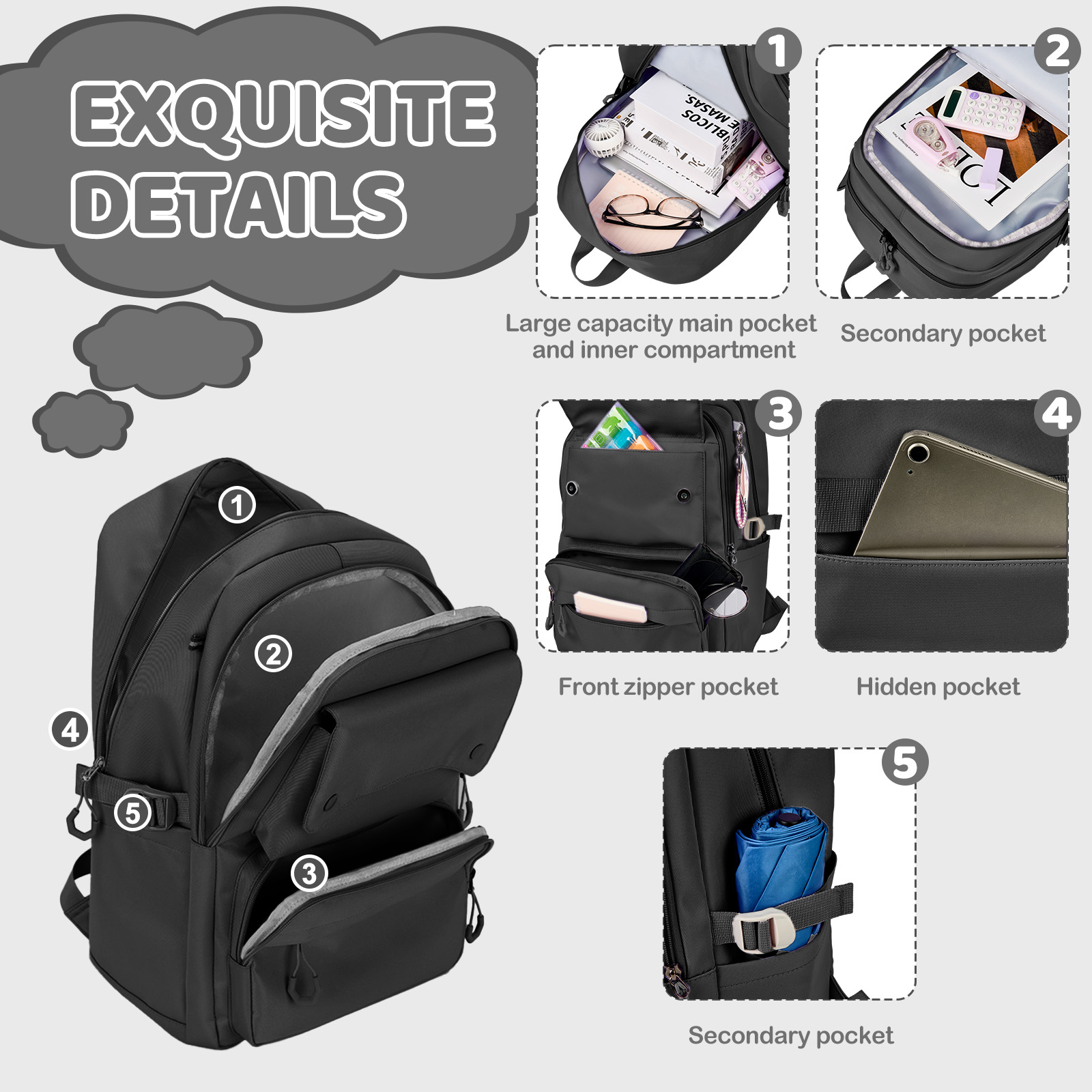 Inadays School Backpack for 15.6" Laptop, Black photo 5