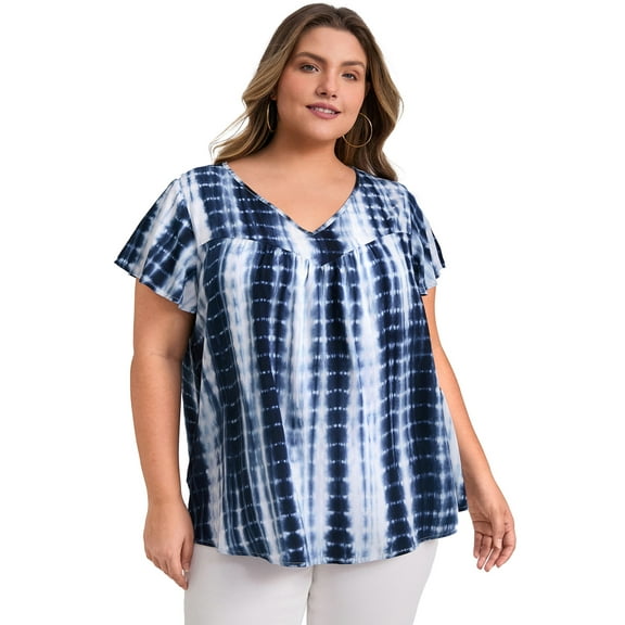 DARING DIVA Women's Plus Tie Dye V Neck Ruffle Sleeve Blouse 1X Dark Blue