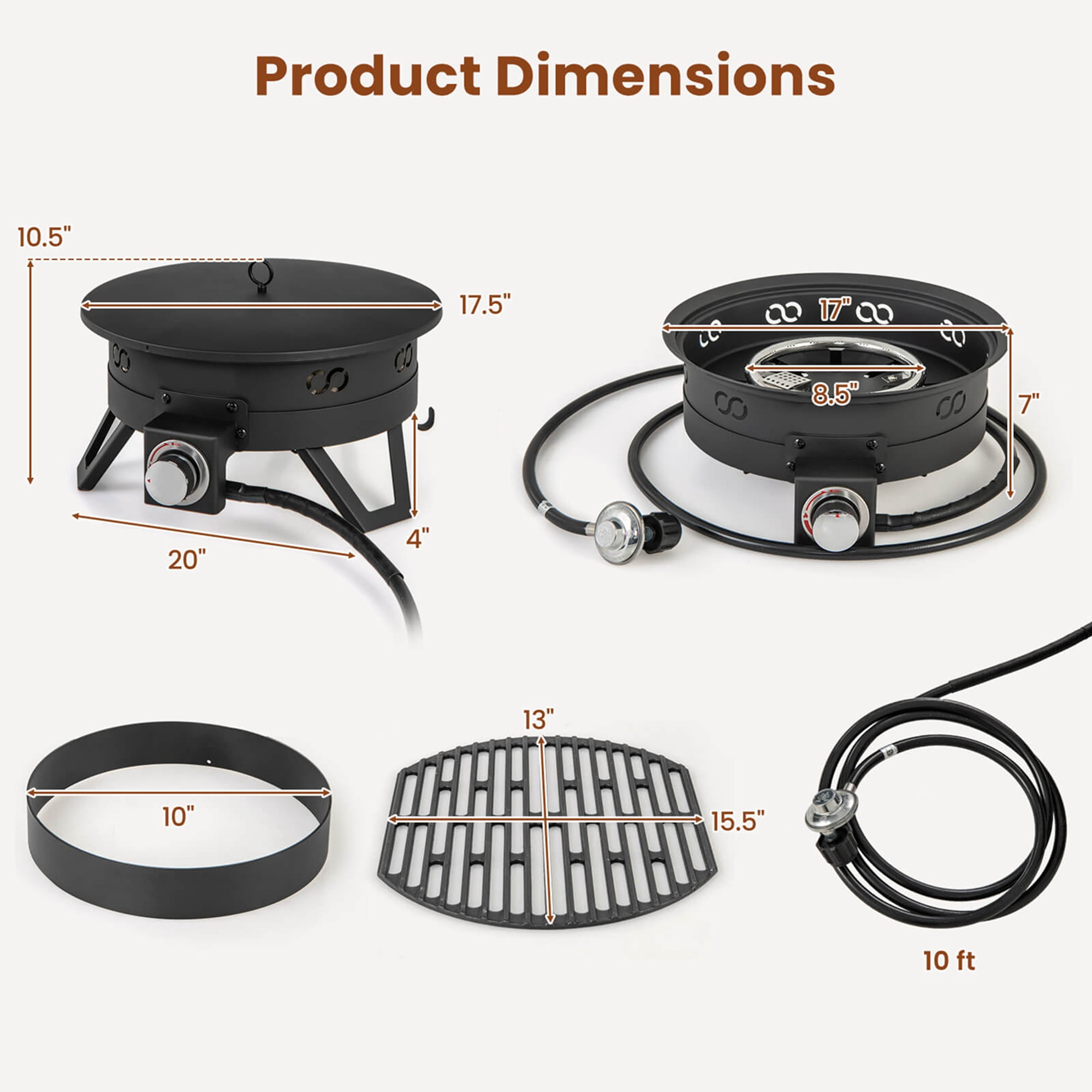 Costway 17" Portable Gas Fire Pit with Folding Legs & Removable Grill Carrying Bag
