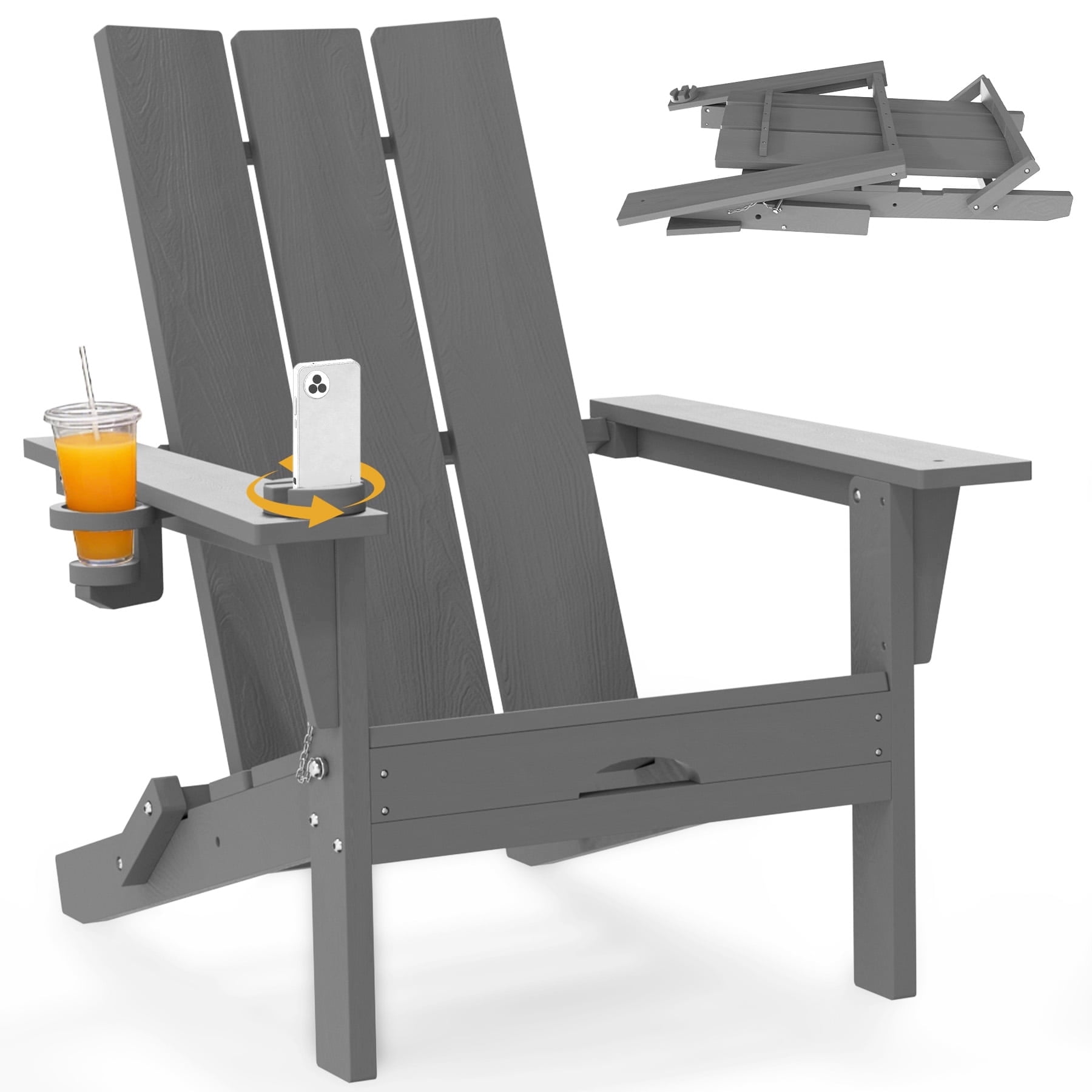 Tappio Folding Adirondack Chair All Weather HDPE Outdoor Patio Chairs with Detachable Multifunctional Holders and Cup Holders, Fire Pit Chairs for Yard Garden Poolside, Gray