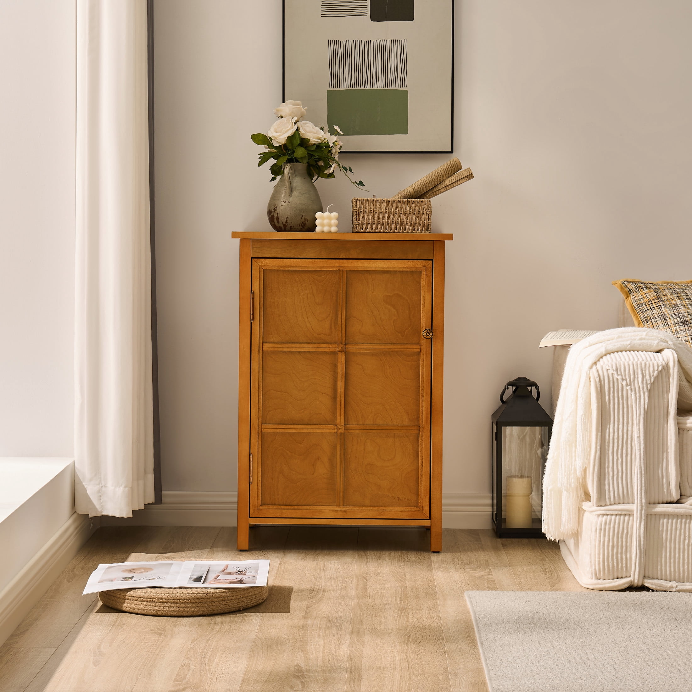 GDF Studio 34.2" Tall Mid-Century Modern Floor Cabinet with Door & Adjustable Shelf, Walnut