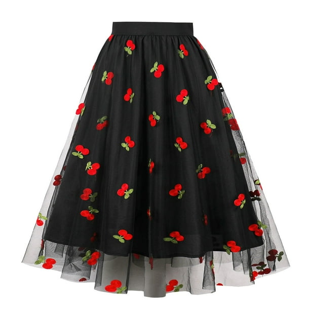 Gibobby faldas de lentejuelas para mujer Falda de talla grande con borde, 120, 200 libras, malla bordada con cereza, dobladillo grande, cintura alta, falda acampanada(Negro, XXXXL)