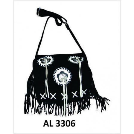 Ladies Black Oiled Cowhide - Ladies Girls Fashion Motorcycle Heavy Duty Western Style Black Suede Cowhide Leather Handbag With Bones, Fringe & 3 Conchos