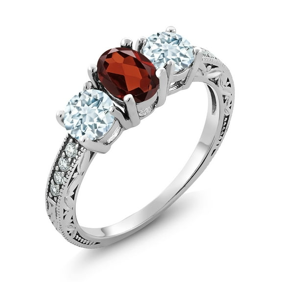 Gem Stone King 1.99 Ct Oval Red Garnet Sky Blue Aquamarine 925 Sterling Silver Moissanite Ring (Size 5)