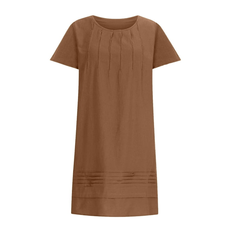 Dezsed Women's Summer Cotton Linen Short Sleeve Midi Dress Casual Loose Beach Vacation Crewneck Tshirt Dress with Pockets Brown M, Size: Medium Dezsed Women's Summer Cotton Linen Short Sleeve Midi Dress Casual Loose Beach Vacation Crewneck Tshirt Dress with Pockets Brown M, Size: Medium
