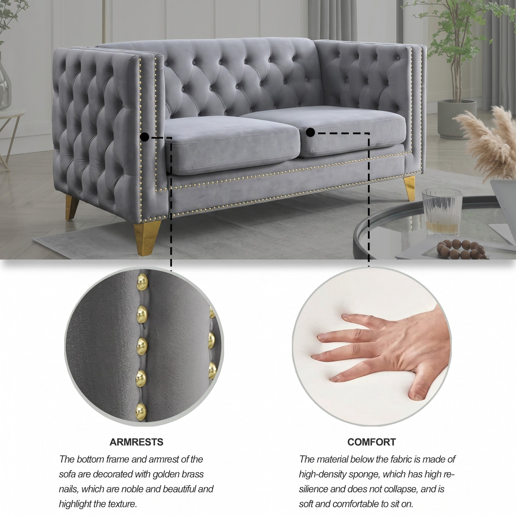 Sailvan 82" Velvet Chesterfield Sofa, Tufted Button Couch with Gold Metal Legs & Nailhead Trim, Modern 2-Seater with Unique Charm Loop Gray