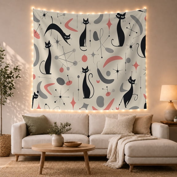 Stylized Black Cats with Atomic Starbursts on Cream, Playful Retro for Cat Lovers, Mid Century Modern Art, Housewarming Gift, Tapestry Wall Hanging for Bedroom and Living Room