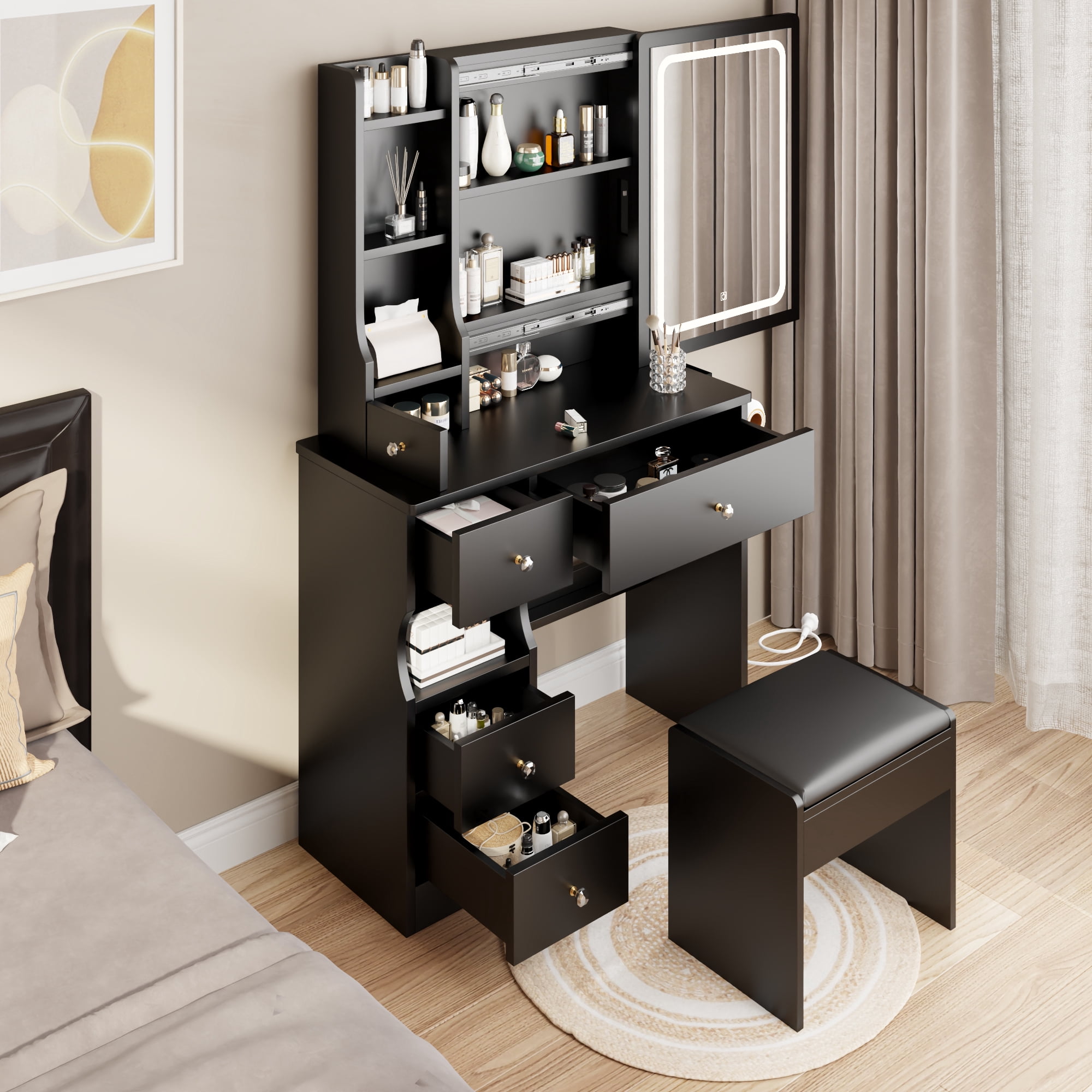 Left Drawer Desktop Vanity Table + Cushioned Stool Touch Control Sliding LED Mirror