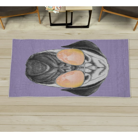 Pug Decorative Rug, Dog Portrait Mirror Sunglasses Hand Drawn Illustration of Pet Animal Funny, Quality Carpet for Bedroom Dorm and Living Room, 6 Sizes, Lavender Mustard, by Ambesonne