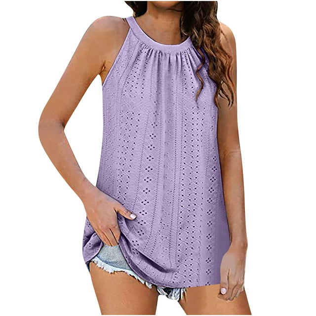 Timegard Eyelet Tank Top for Women Round Neck Ruched Sleeveless Comfy Casual Tee Shirts Summer