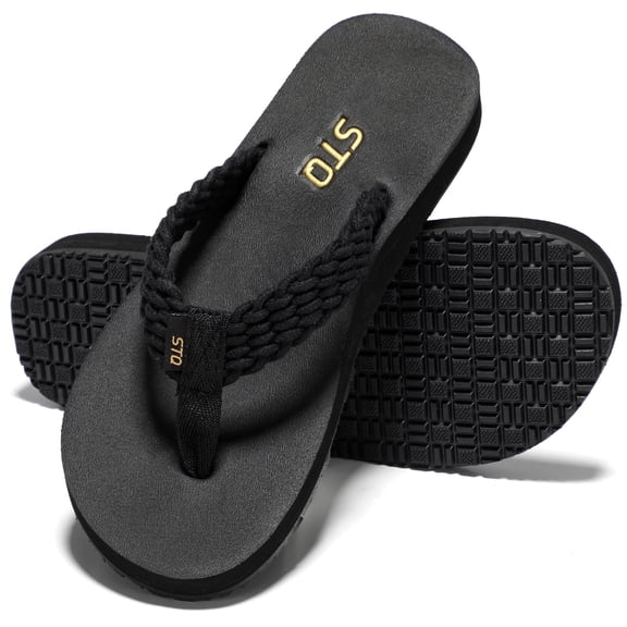STQ Womens Flips Flops with Yoga Mat Quick Dry Thong Sandals for Water,Shower,vacation All Black 8 US