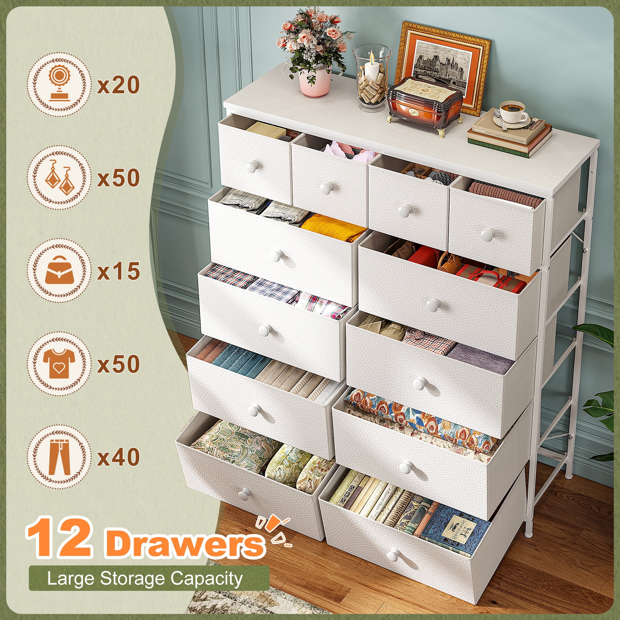 Romorgniz Tall Dresser for Bedroom with 12 Drawers White Dresser for Closet Fabric Chests of Drawers, Sturdy Metal Frame, Wood Top