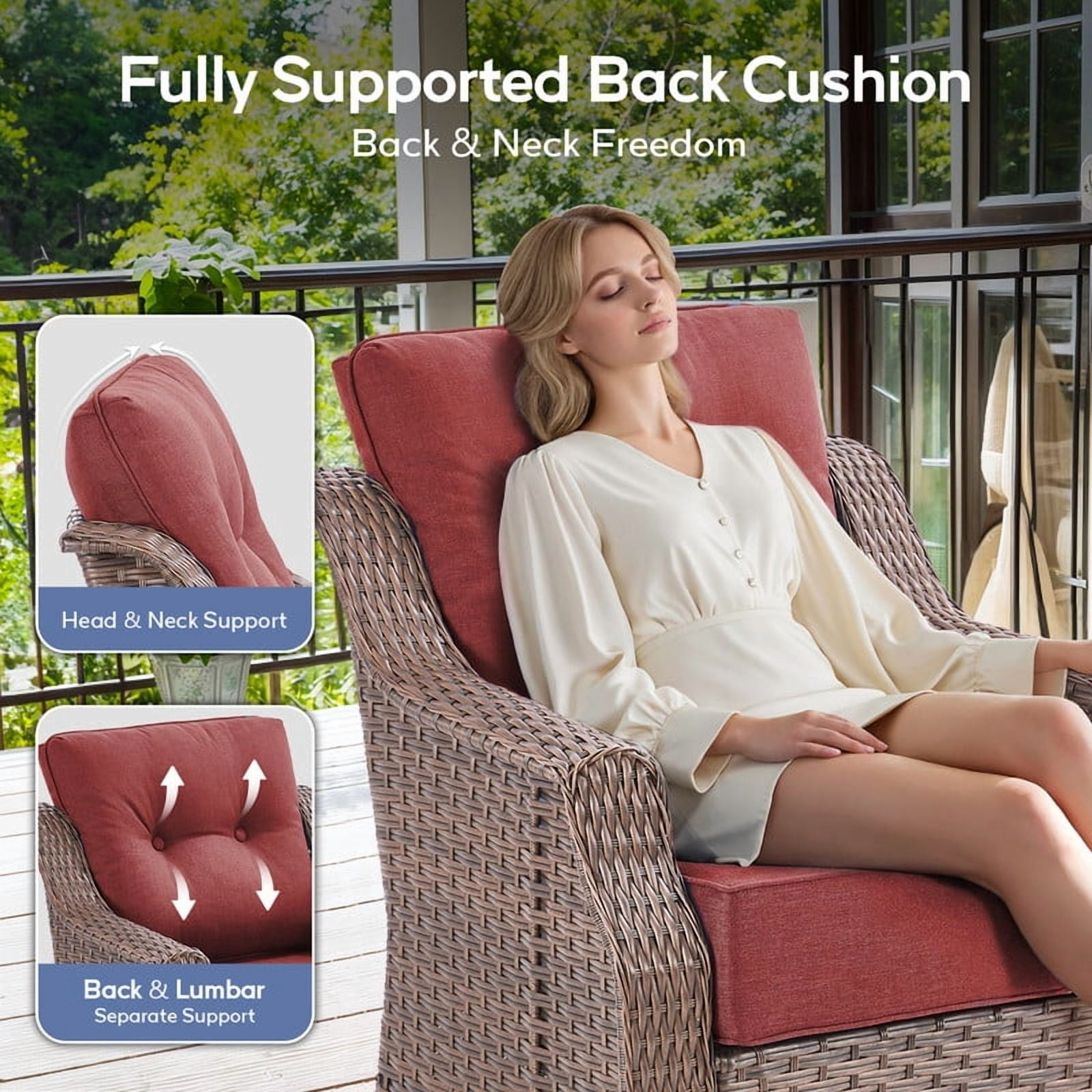 PARKWELL 3-Piece Outdoor Swivel Rocker Chair with Side Table,All-Weather Rattan Swivel Glider Rocking Lounge Chair,Patio Bistro Set for Porch Deck Backyard,Brown/Red