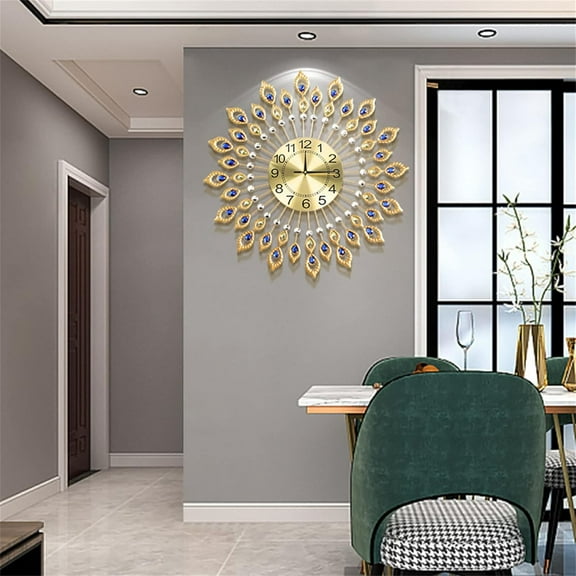 Miumaeov Wall Clock for Living Room Decor,Crystal Peacock Wall Clocks Modern Design 3D Clocks Wall for Home Decor Large Round Metal Silent Non-Ticking