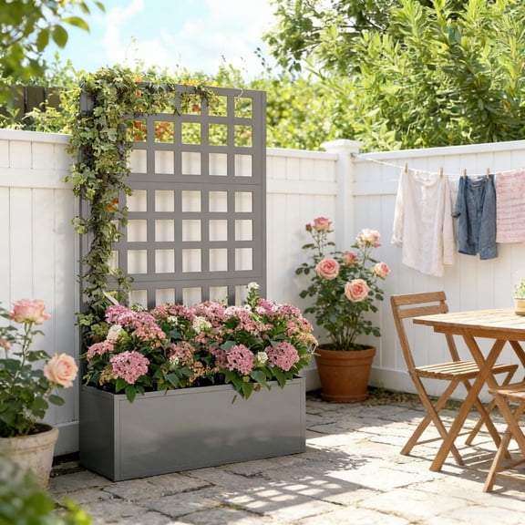 Gray Galvanized Steel Garden Bed with Trellis  Vertical Planter Box with Drainage Holes