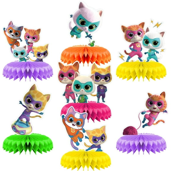 7Pcs SuperKitties Cartoon Theme 3D Double Side Honeycomb Centerpieces Table Toppers,Cartoon Birthday Party Decorations Supplies for kids.