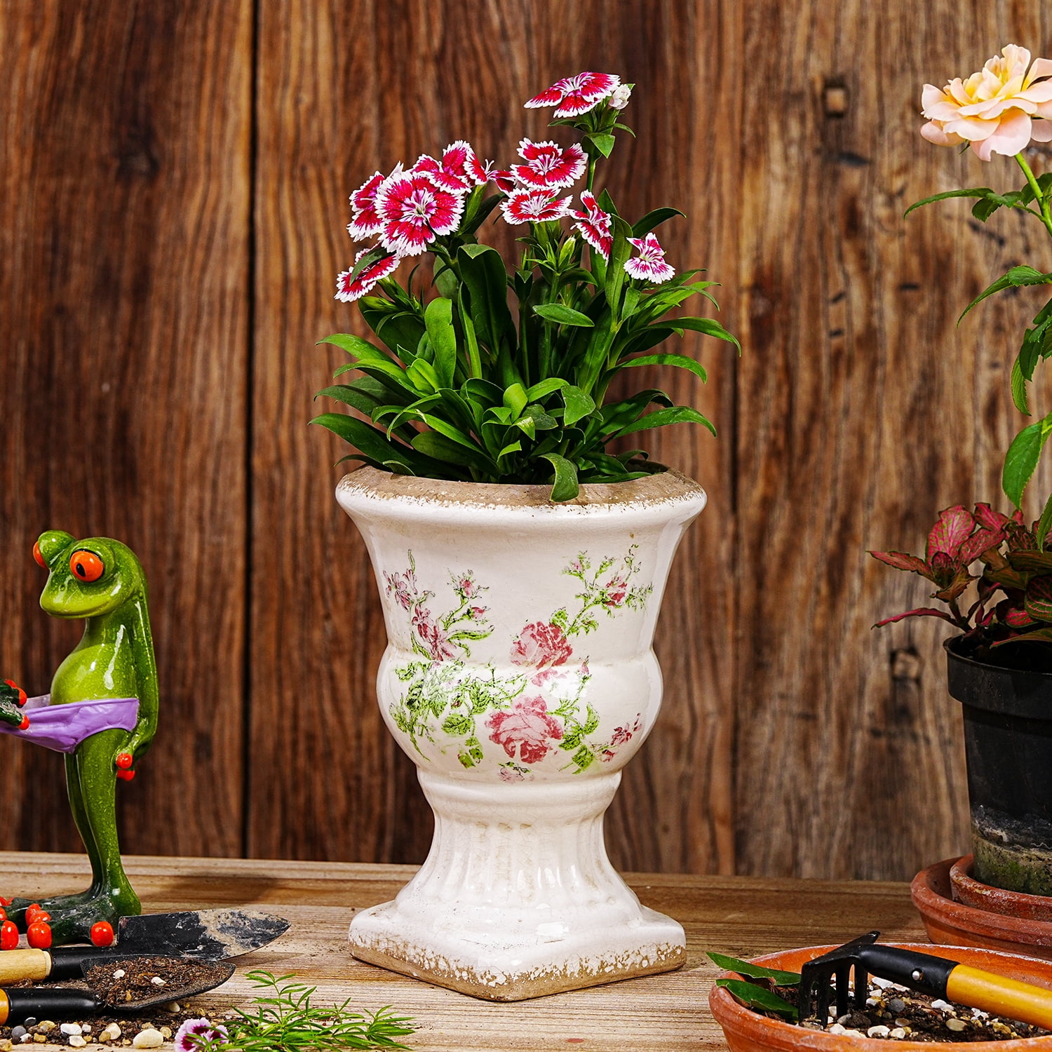 Sungmor Small Ceramic Urn Planter - Pink Scroll Floral Pedestal Flower Pot, Decorative Vintage Chinoiserie Style Planters, Tuscan Accent Vase Indoor Outdoor Plant Holder with Drainage