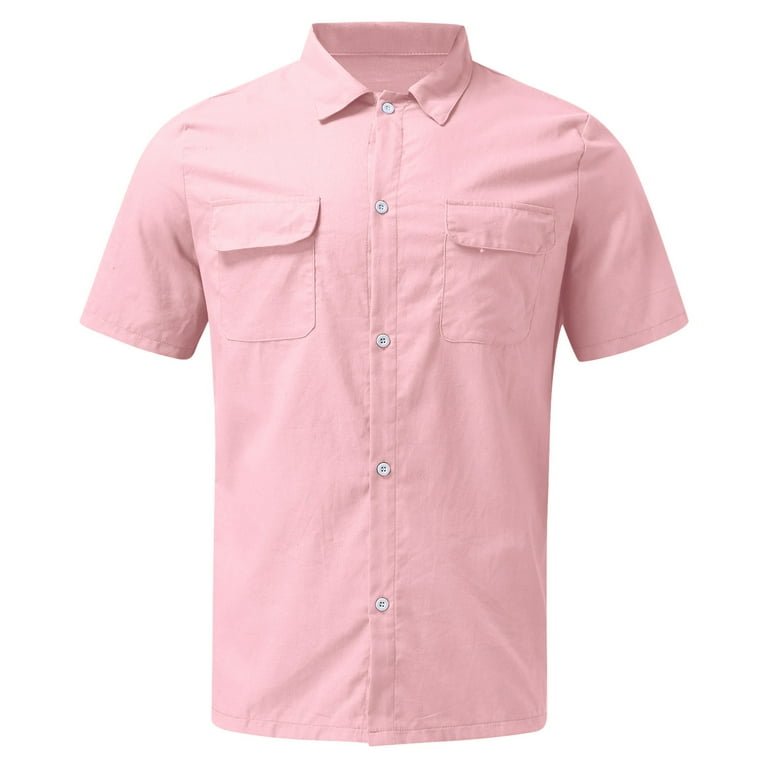 Pink Casual Summer Beach Shirts, Cotton French Cuff Dress Shirts