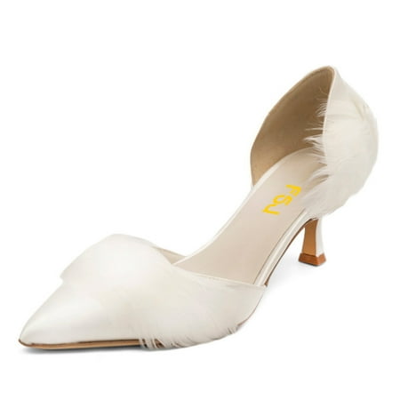 

FSJ Women Graceful Faux Feather Pointy Closed Toe Slip-on D Orsay Kitten Low Heels Satin Pumps Ladies Party Dress Slide Shoes Size 14 White