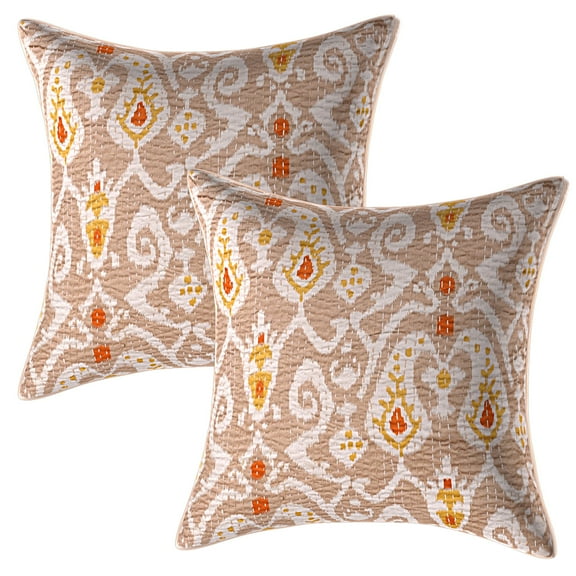 Stylo Culture Indian Sofa Throw Pillow Covers 16x16 Kantha Beige Printed 40cm x 40cm Living Room Toss Pillow Case Cotton Ikat Square Cushion Covers | Set Of 2