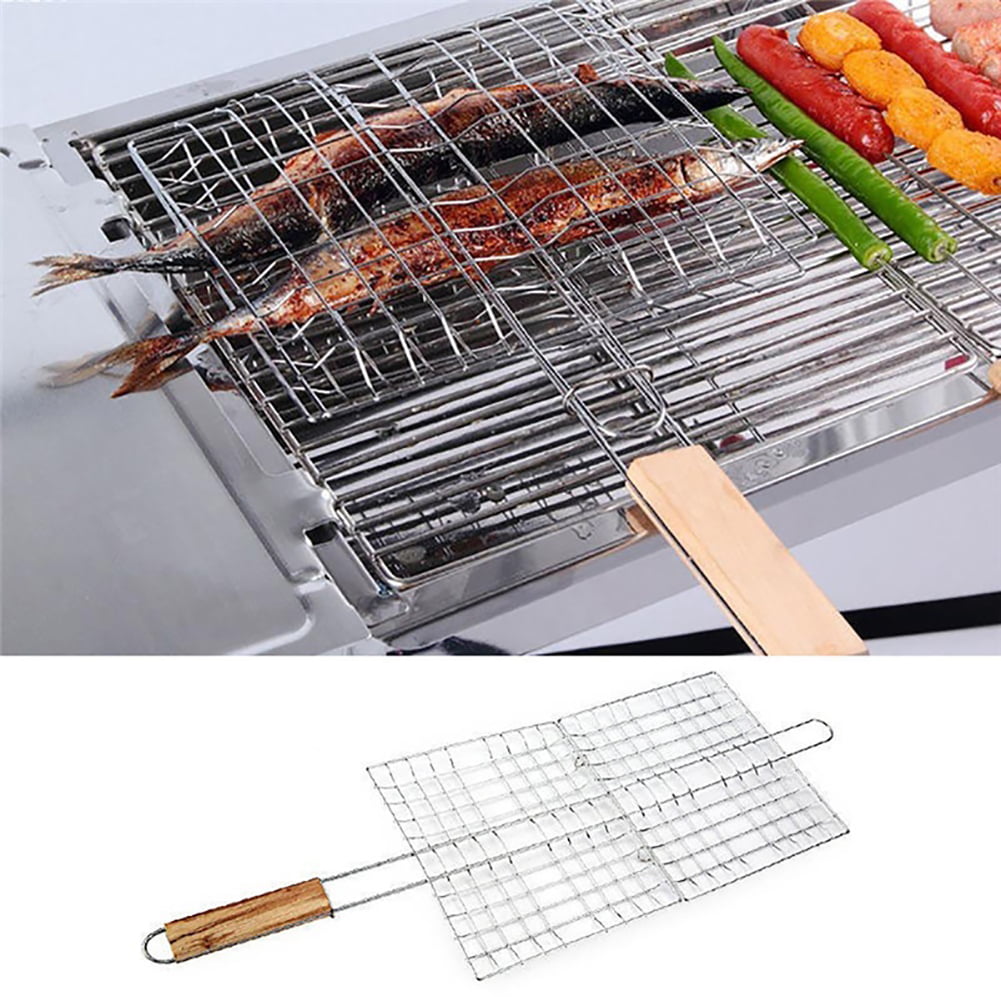 Barbecue Grilling Basket Grill PLQ Net Wooden Handle Meat Fish Vegetable H&P 