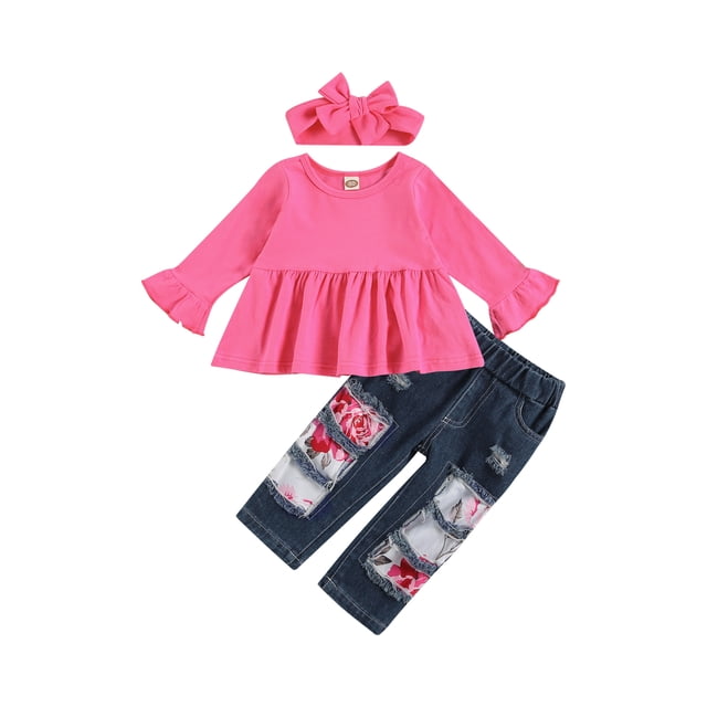 ITFABS Ensemble pour Enfants, Manches Longues Col Rond Manches Évasées Jeans Longs Découpés