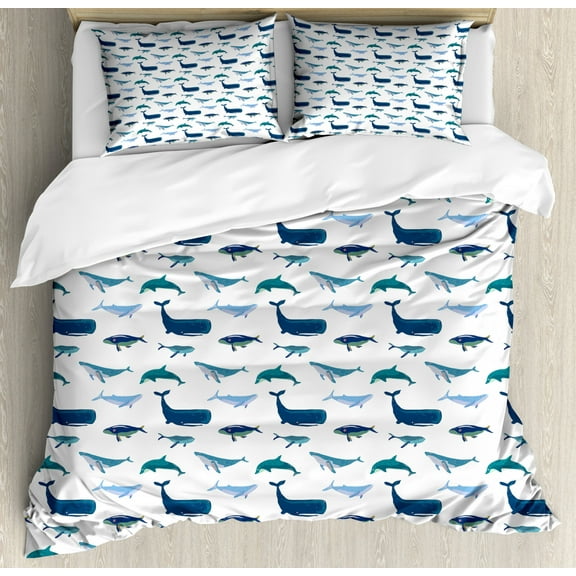 Whale Duvet Cover Set Queen Size, Different Types of Swimming Marine Characters in Hand Drawn Style Nautical, Decorative 3 Piece Bedding Set with 2 Pillow Shams, Teal Dark Blue White, by Ambesonne
