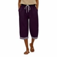 thumbnail image 3 of KDFJPTH Women's Striped Capri Pants Elastic Drawstring Waist Casual Everyday Trousers with Rolled Hem Dark Purple S, 3 of 7