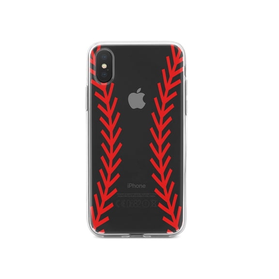 DistinctInk Clear Shockproof Hybrid Case for iPhone XR (6.1" Screen) - TPU Bumper, Acrylic Back, Tempered Glass Screen Protector - Red Baseball Stitching